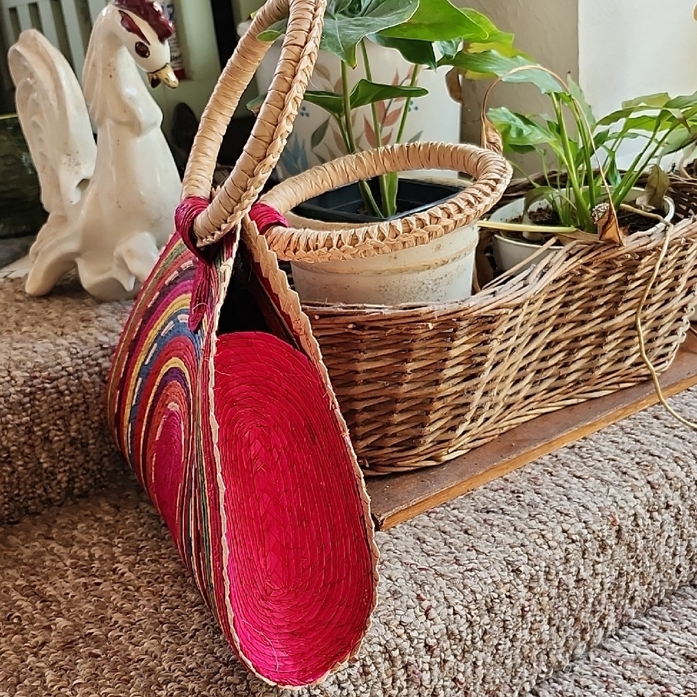 Hand-Painted Rainbow Palm Straw Bag: Half Circle Beach Tote - Picture 2 of 7